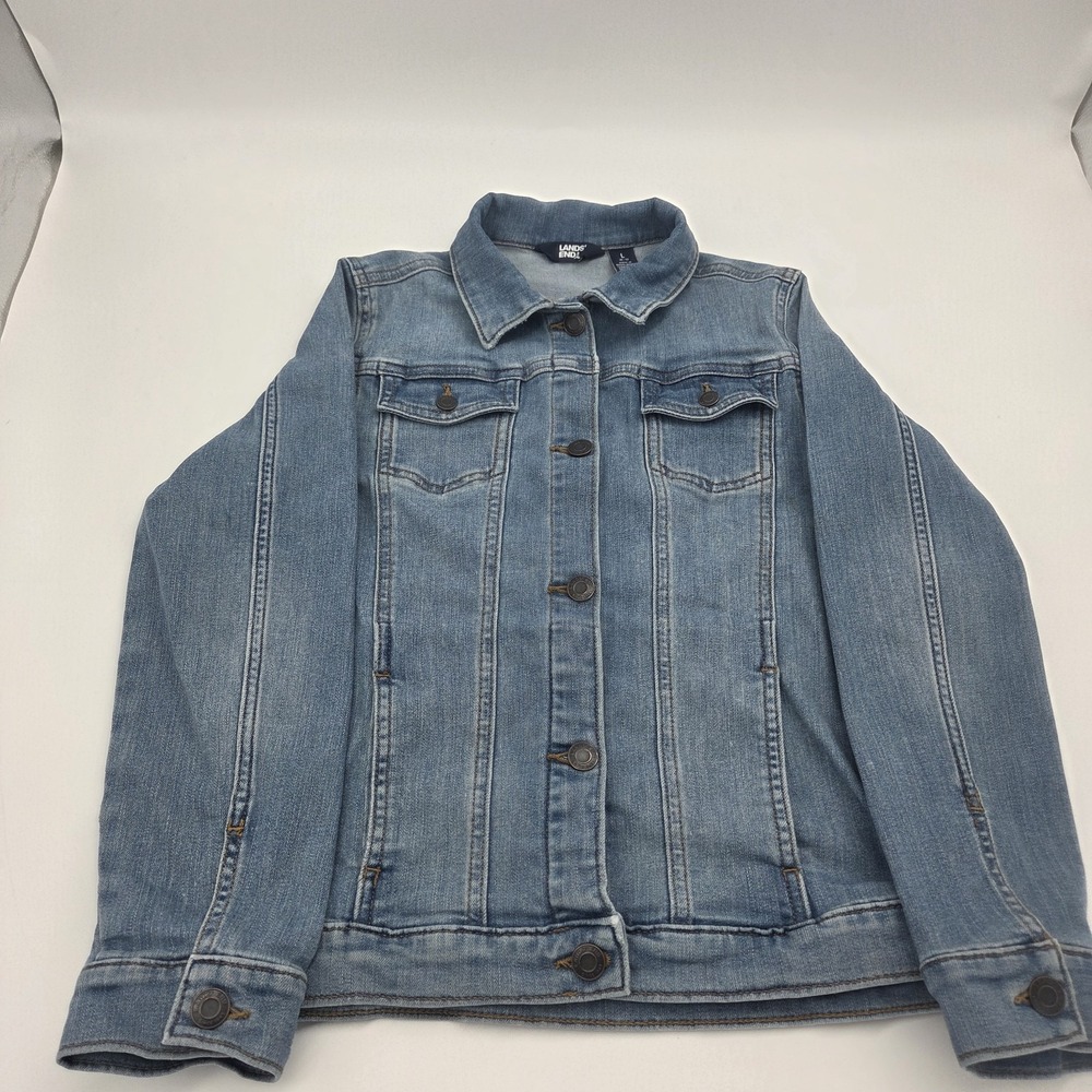 Lands End Women's Jean Jacket Denim Trucker Pockets Blue Size L (10-12) Cropped